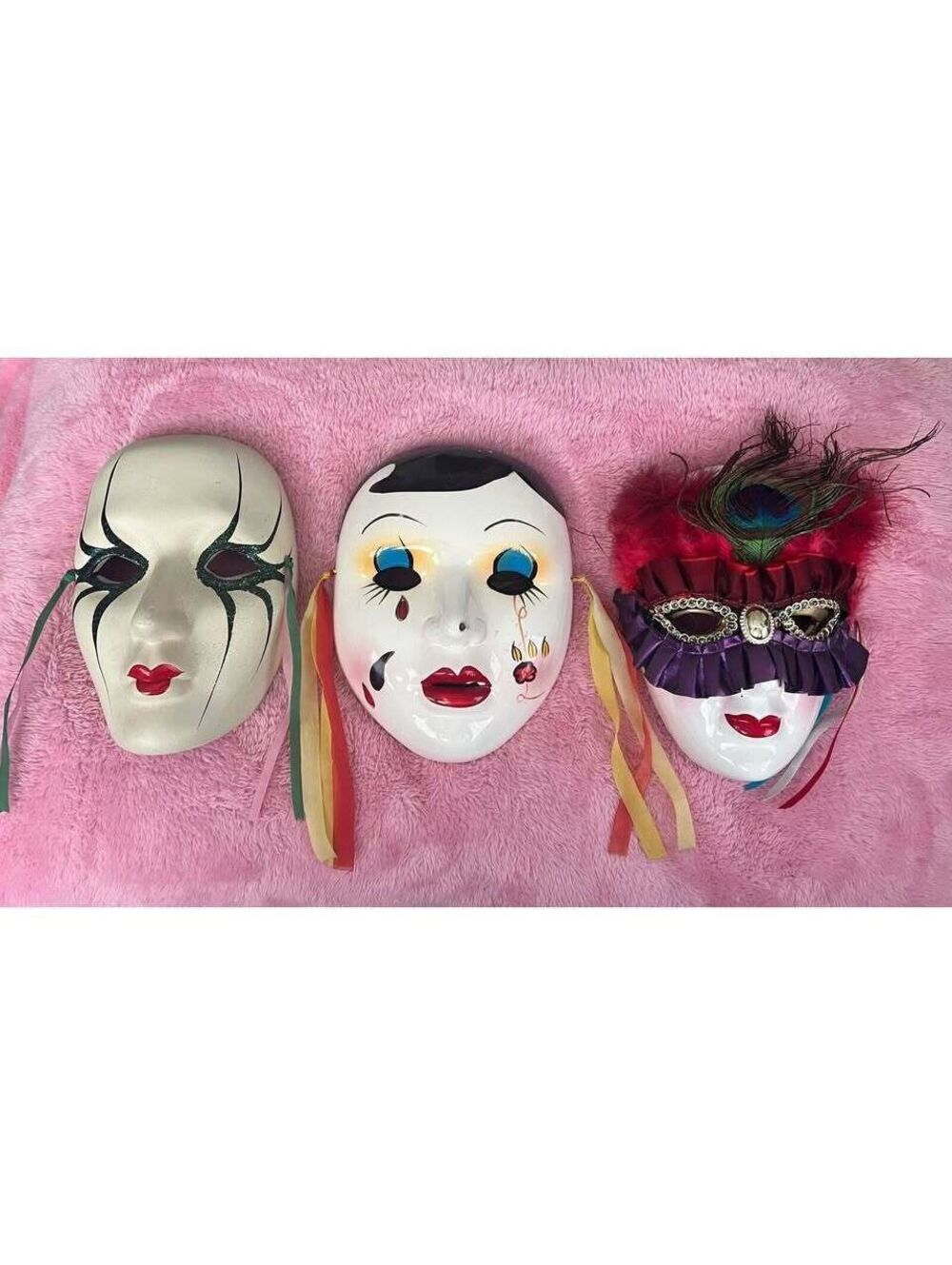 WALL DECOR 3 Vintage Venetian Style Masks with Ribbons and Feathers
